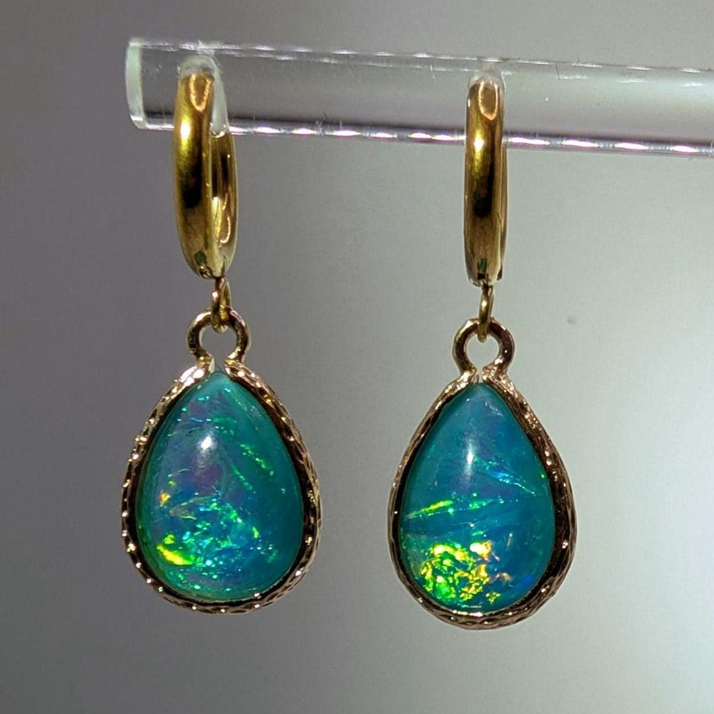 Blue Green Opalescent Teardrop Gold Ion-plated Huggie Earrings - Picture 7 of 8